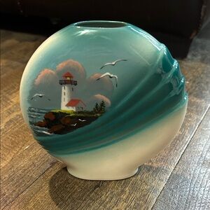 Coastal Lighthouse Art Vase Hand painted Gavendail pottery vase. Canadian MCM